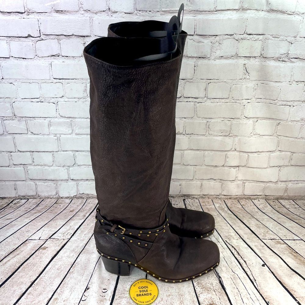 Miu Miu Brown leather gold studded buckle knee high boots , women US 8